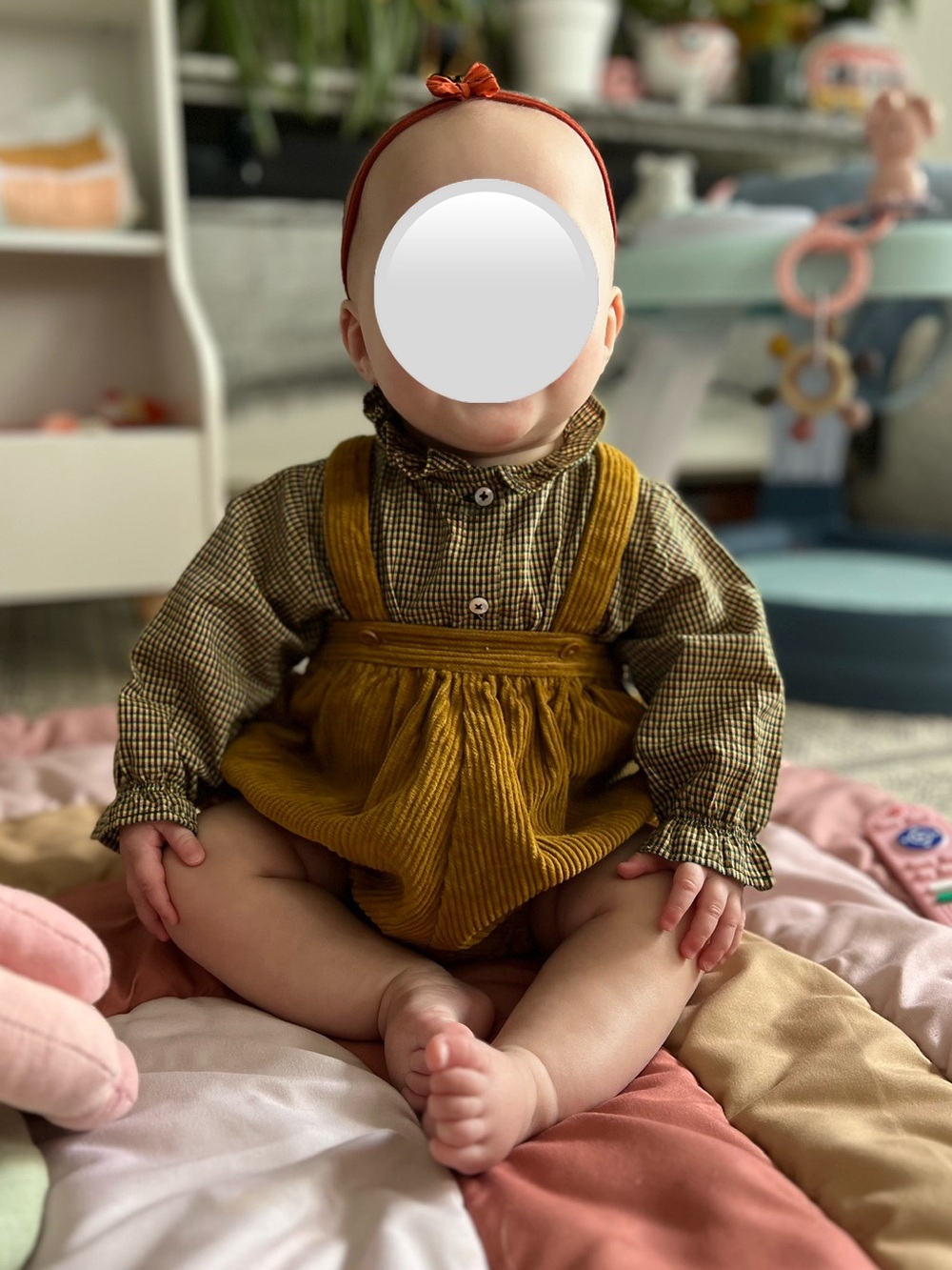 Caramel Mustard Corduroy Bubble Overalls with multi colored Blossom Shirt